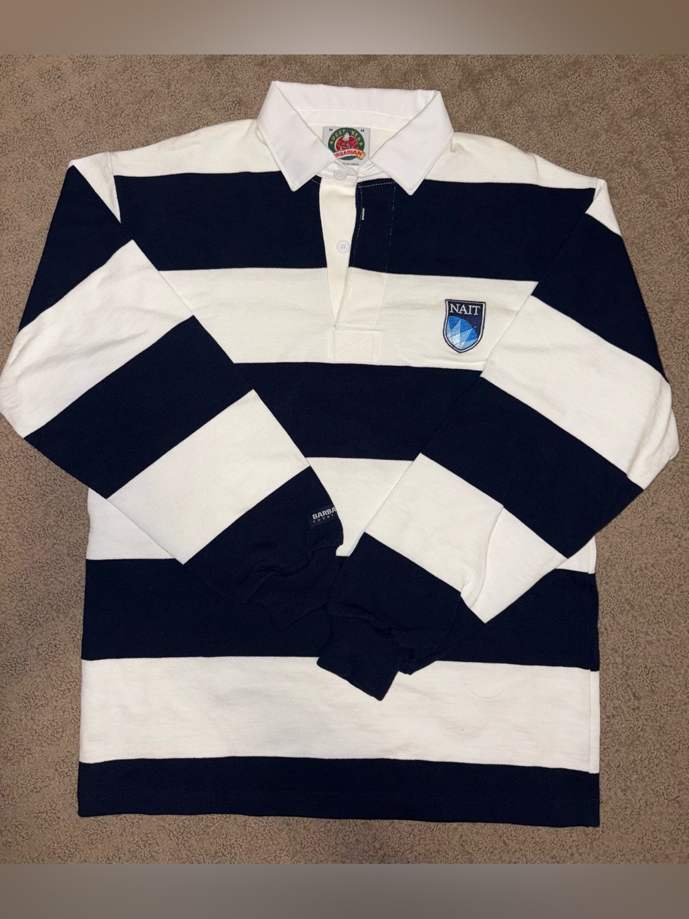 Barbarian Rugby Wear Navy & White Stripe Long-Sleeved, “NAIT” College/University